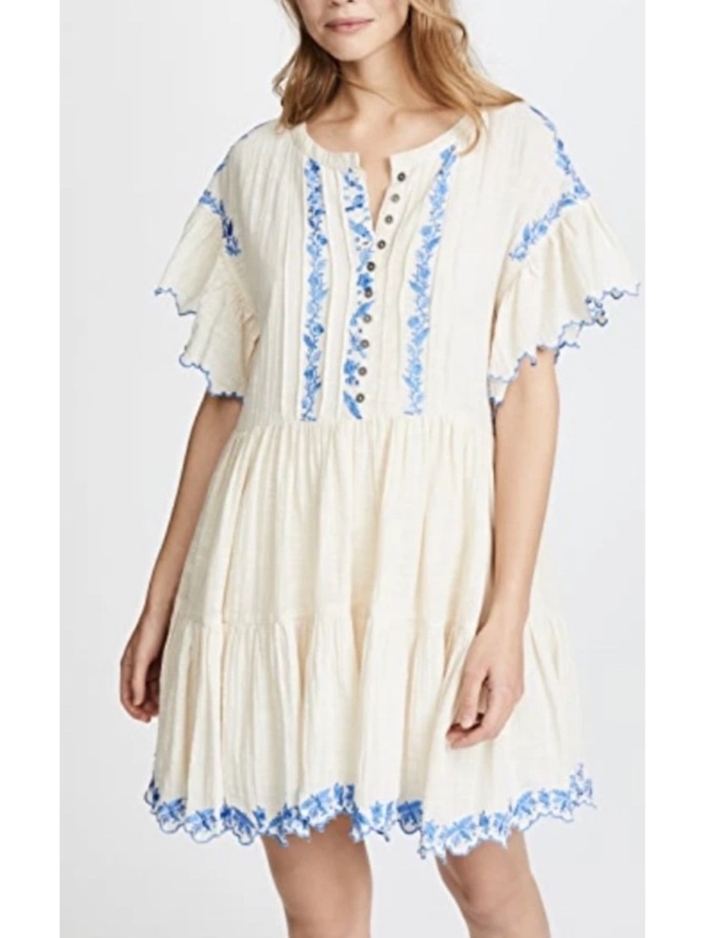 Free People Ivory Blue Embroidered Boho Santiago Dress with Ruffle Sleeves L